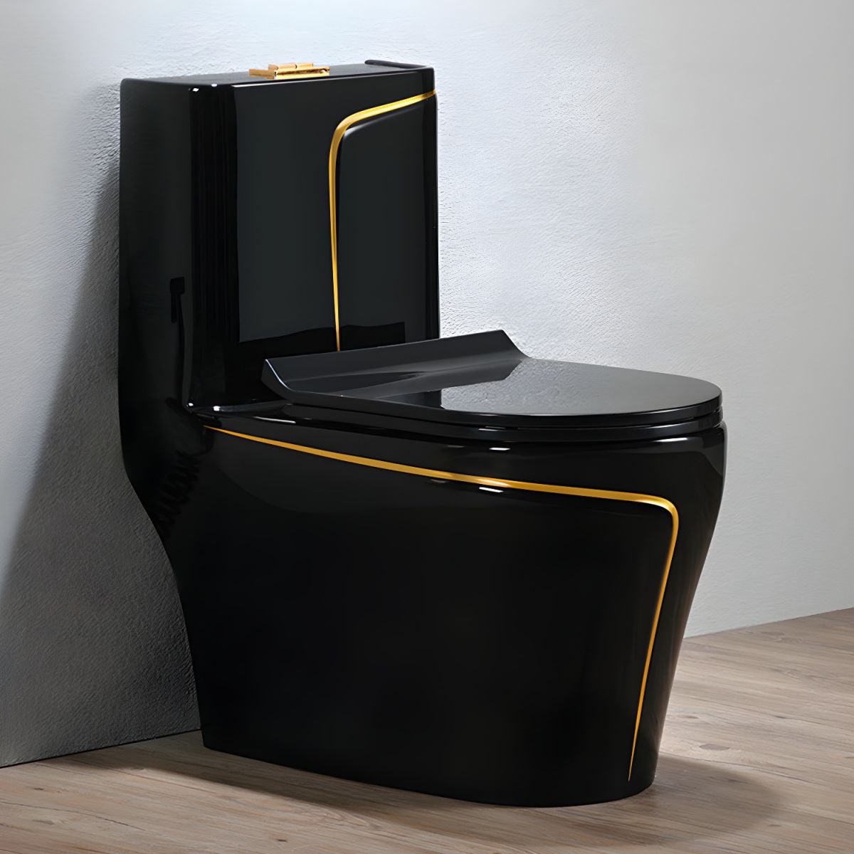 One-Piece Toilet Bowl T7070C-B – Black/Gold, High-Efficiency Dual Flush with Soft-Close Seat