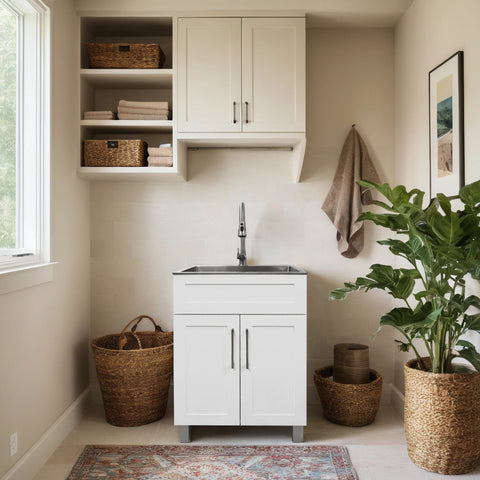 24″ Cabinet with Faucet and Stainless Steel Sink in White, for The Laundry Room and Utility Room(HDF)