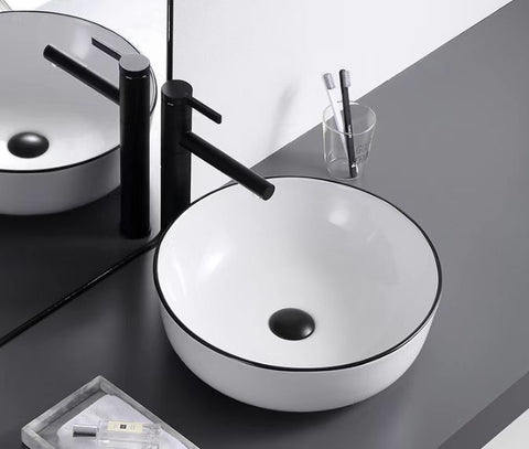 Round Ceramic Vessel Sink – White with Black Rim 2616BL