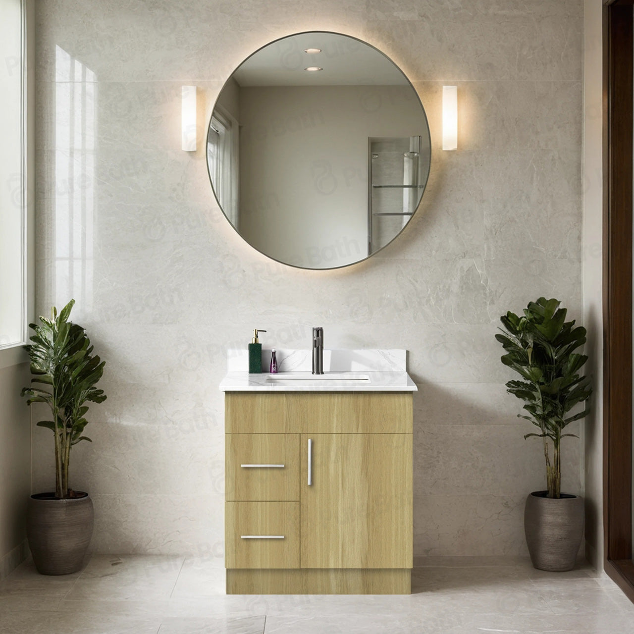 30″ Bathroom Vanity Oak Light (MDF) with Two Side Drawers. Free Standing