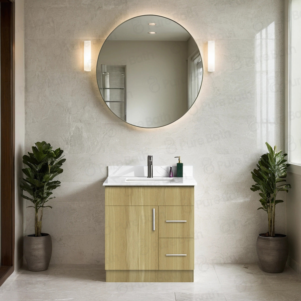 30″ Bathroom Vanity Oak Light (MDF) with Two Side Drawers. Free Standing