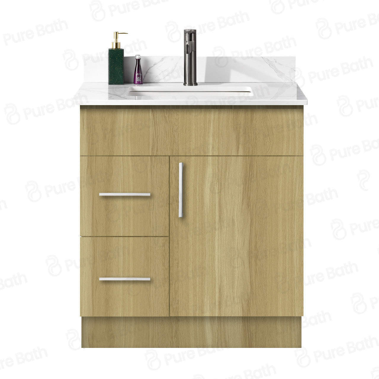 30″ Bathroom Vanity Oak Light (MDF) with Two Side Drawers. Free Standing