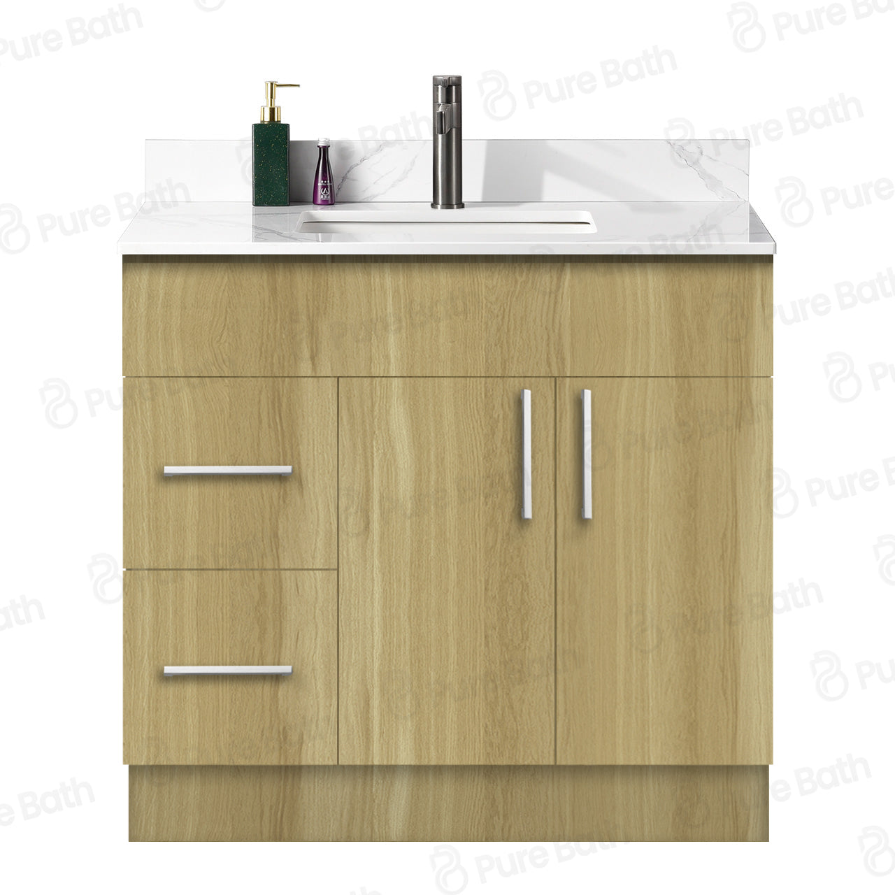 36″ Bathroom Vanity Oak Light (MDF) with Two Side Drawers. Free Standing