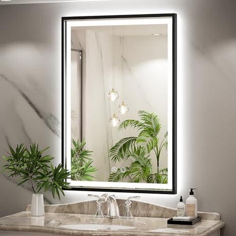 Pure Bath LED Anti-Fog Square Matt Black Frame Mirror 24"x32"