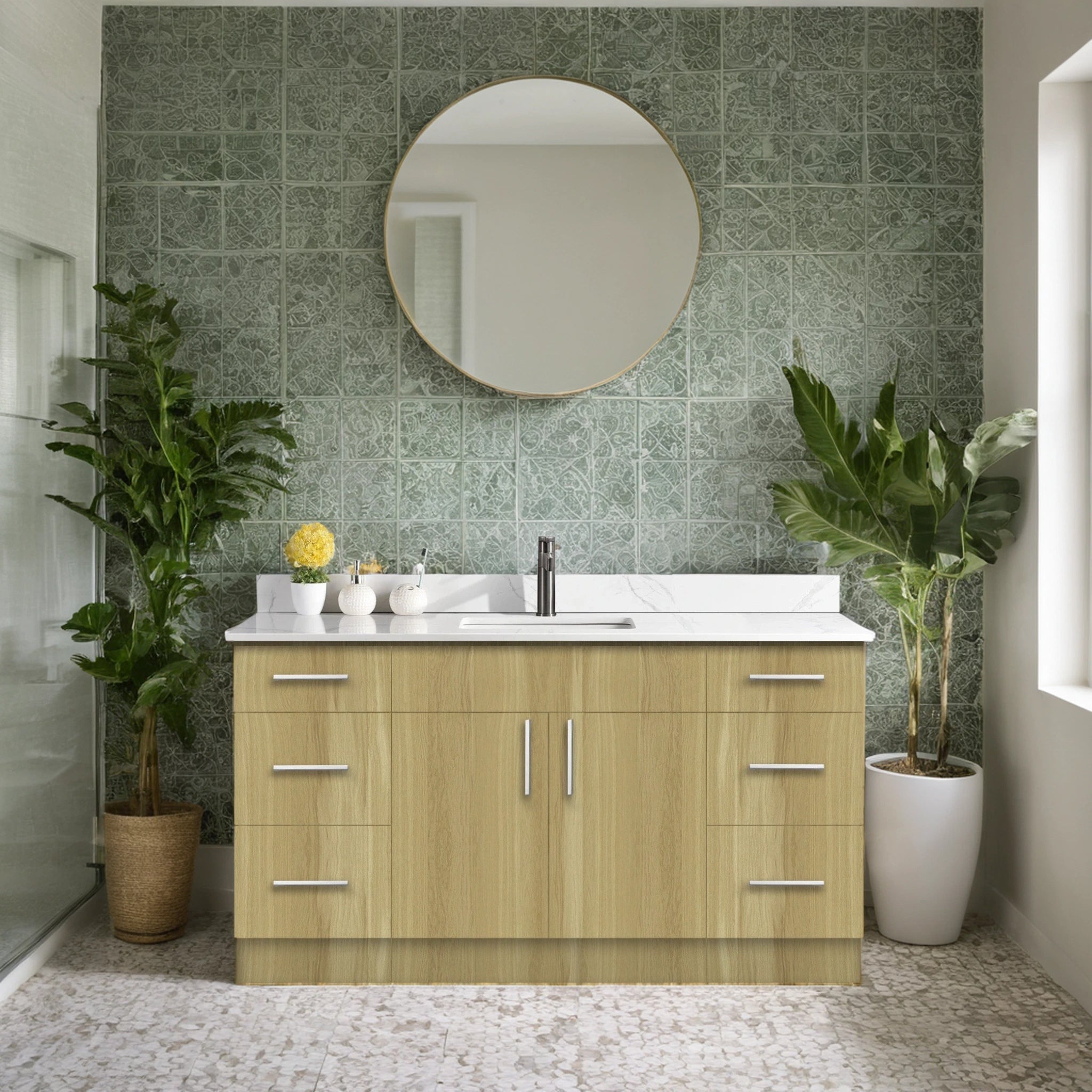 60″ Bathroom Vanity Oak Light (MDF) with Six Drawers on Each Side. Single Sink. Free Standing