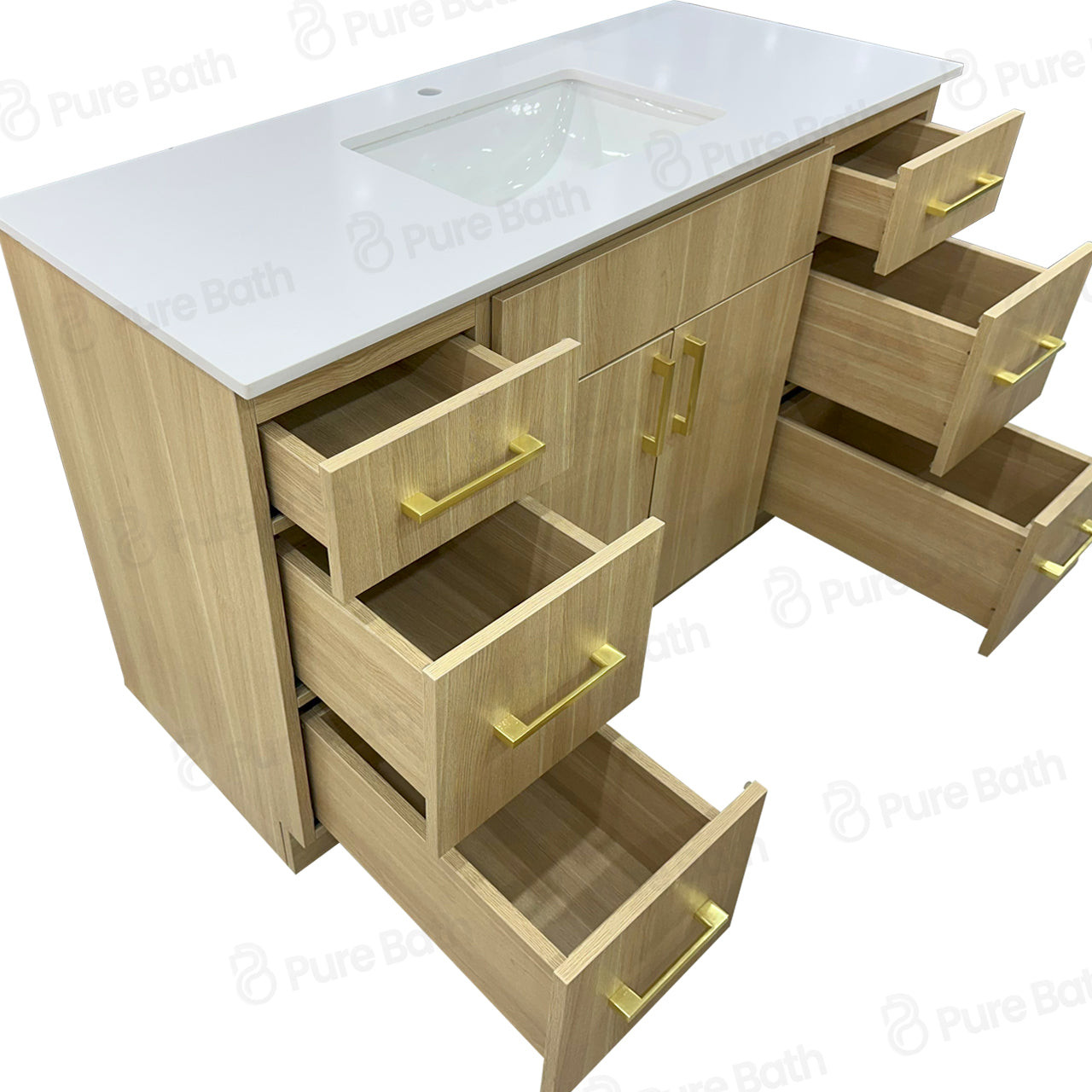 48″ Bathroom Vanity Oak Light (MDF) with Six Drawers on Each Side. Free Standing