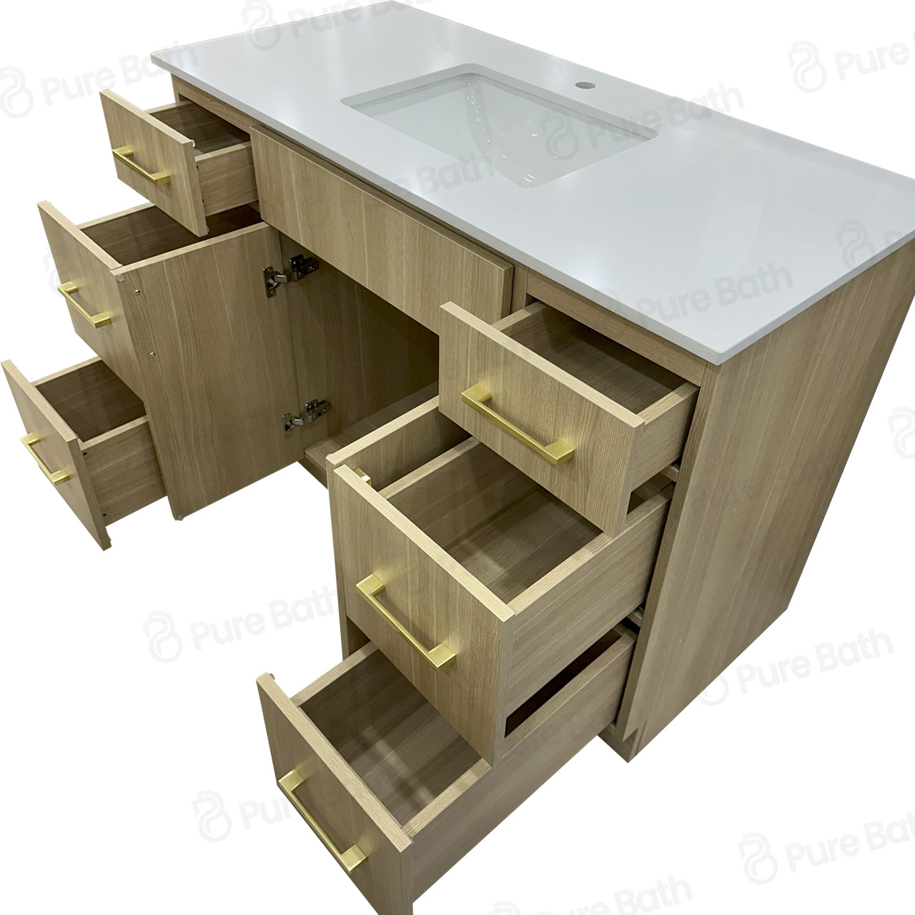 48″ Bathroom Vanity Oak Light (MDF) with Six Drawers on Each Side. Free Standing