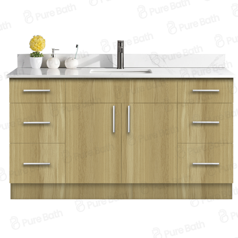 60″ Bathroom Vanity Oak Light (MDF) with Six Drawers on Each Side. Single Sink. Free Standing