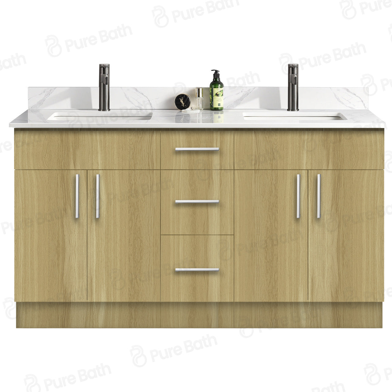 60″ Bathroom Vanity Oak Light (MDF) with Three Drawers in the Center. Double Sink. Free Standing