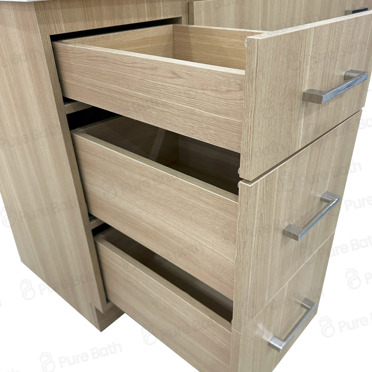 48″ Bathroom Vanity Oak Light (MDF) with Six Drawers on Each Side. Free Standing