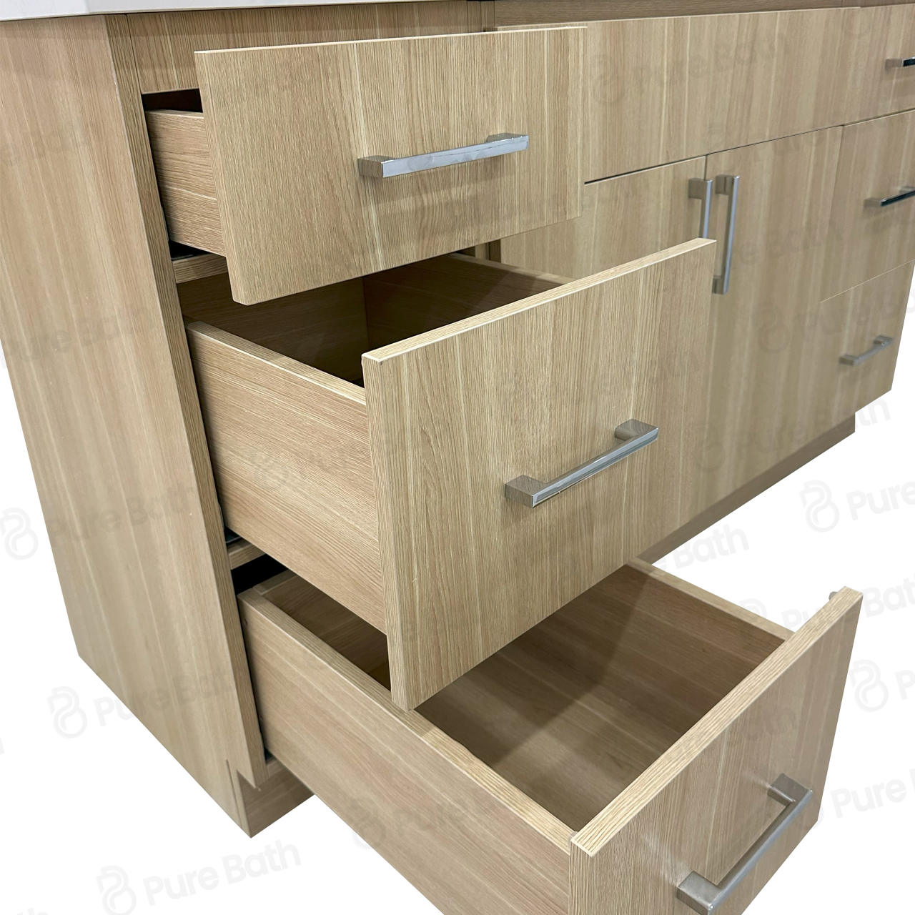 60″ Bathroom Vanity Oak Light (MDF) with Six Drawers on Each Side. Single Sink. Free Standing