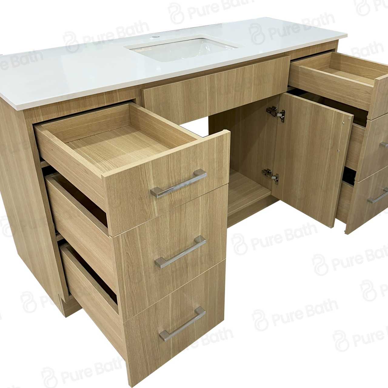 60″ Bathroom Vanity Oak Light (MDF) with Six Drawers on Each Side. Single Sink. Free Standing