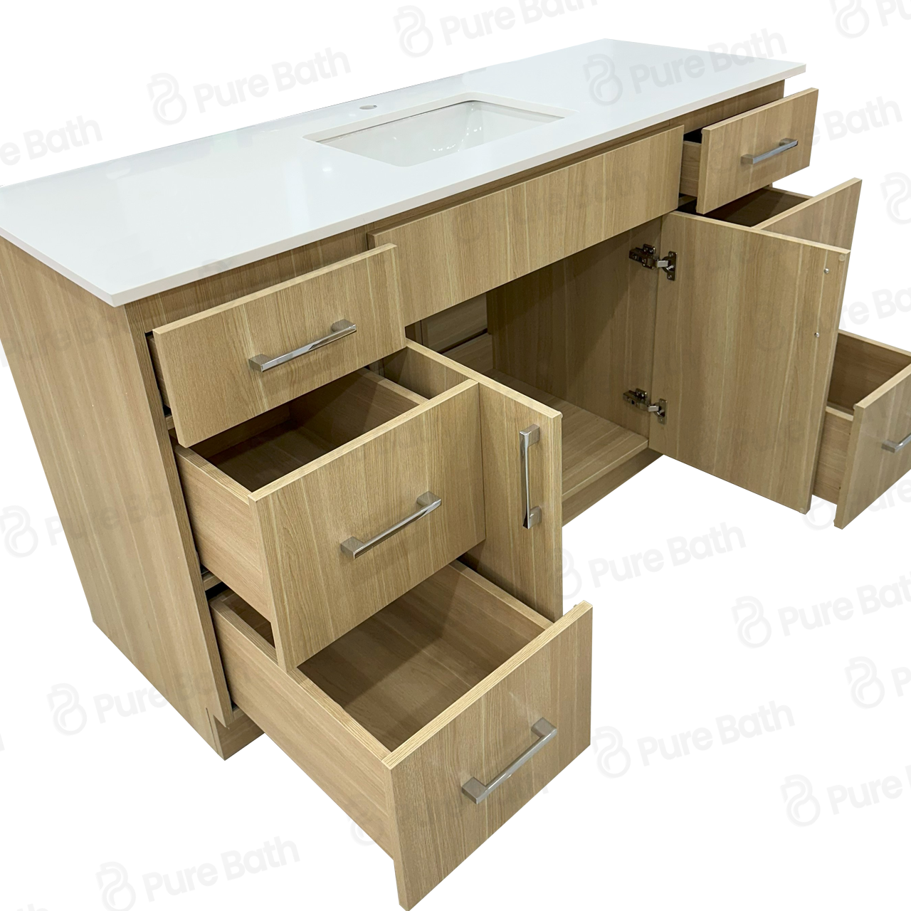 60″ Bathroom Vanity Oak Light (MDF) with Six Drawers on Each Side. Single Sink. Free Standing