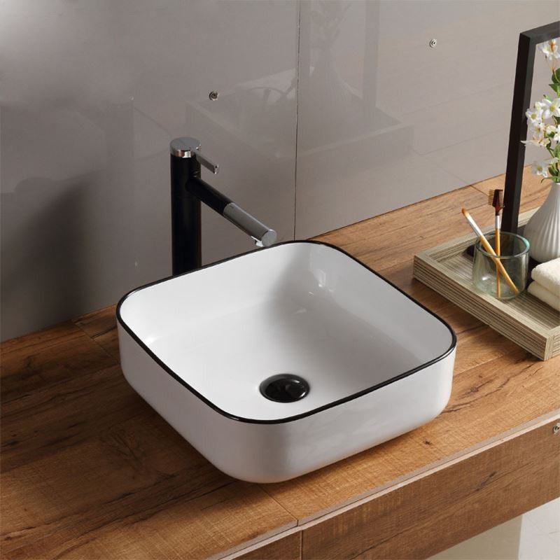 Square Ceramic Vessel Sink – White with Black Rim 2258WB