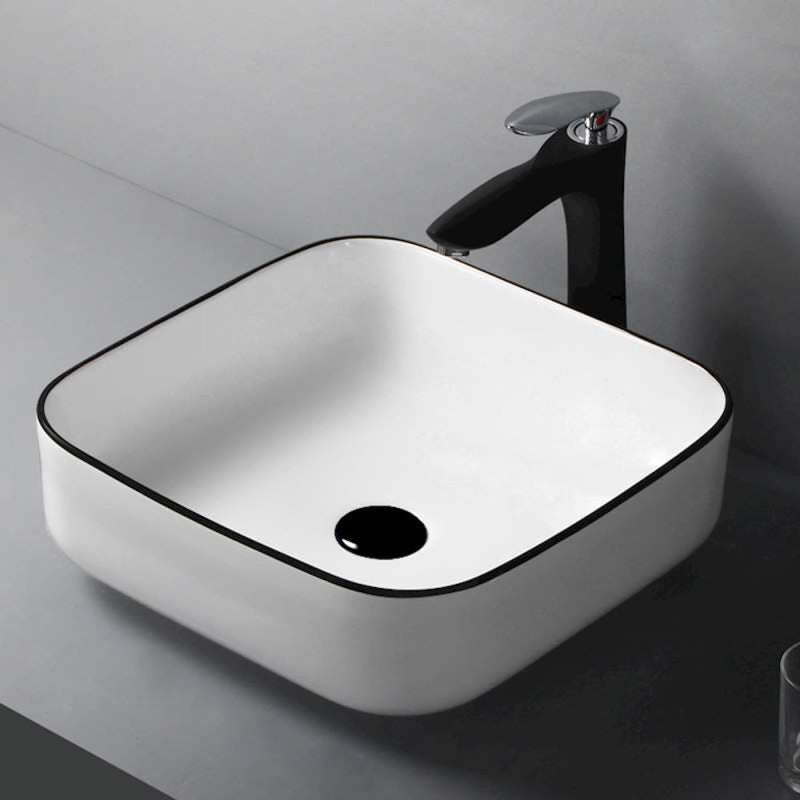 Square Ceramic Vessel Sink – White with Black Rim 2258WB