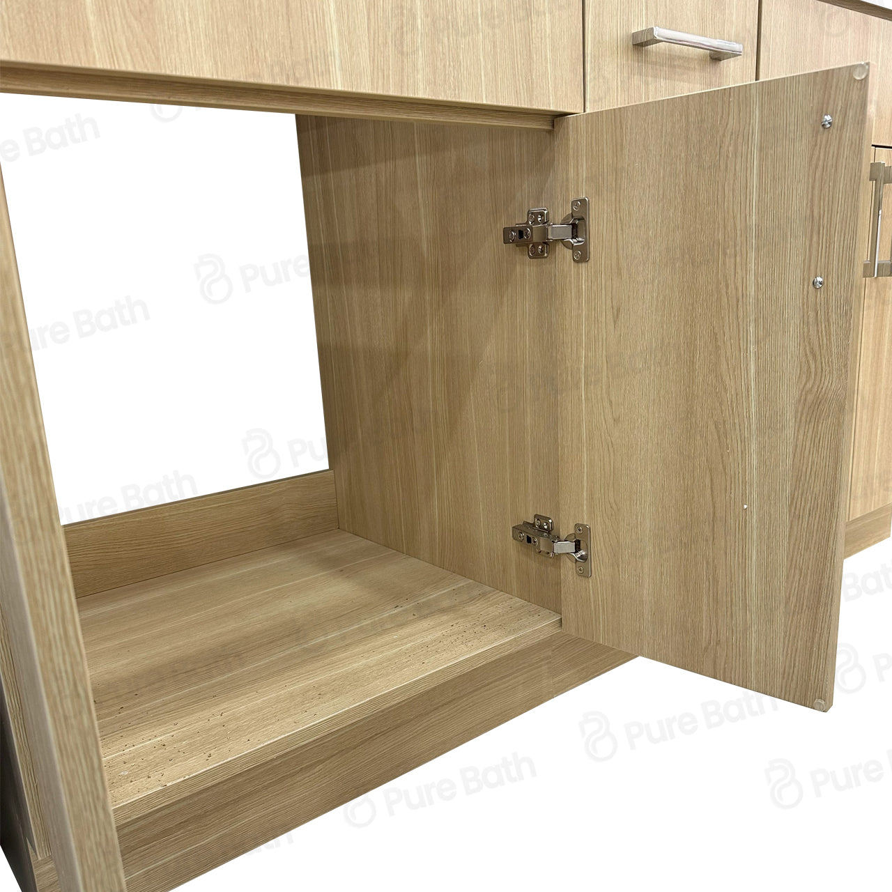 72″ Bathroom Vanity Oak Light (MDF) with Three Drawers in the Center. Double Sink. Free Standing