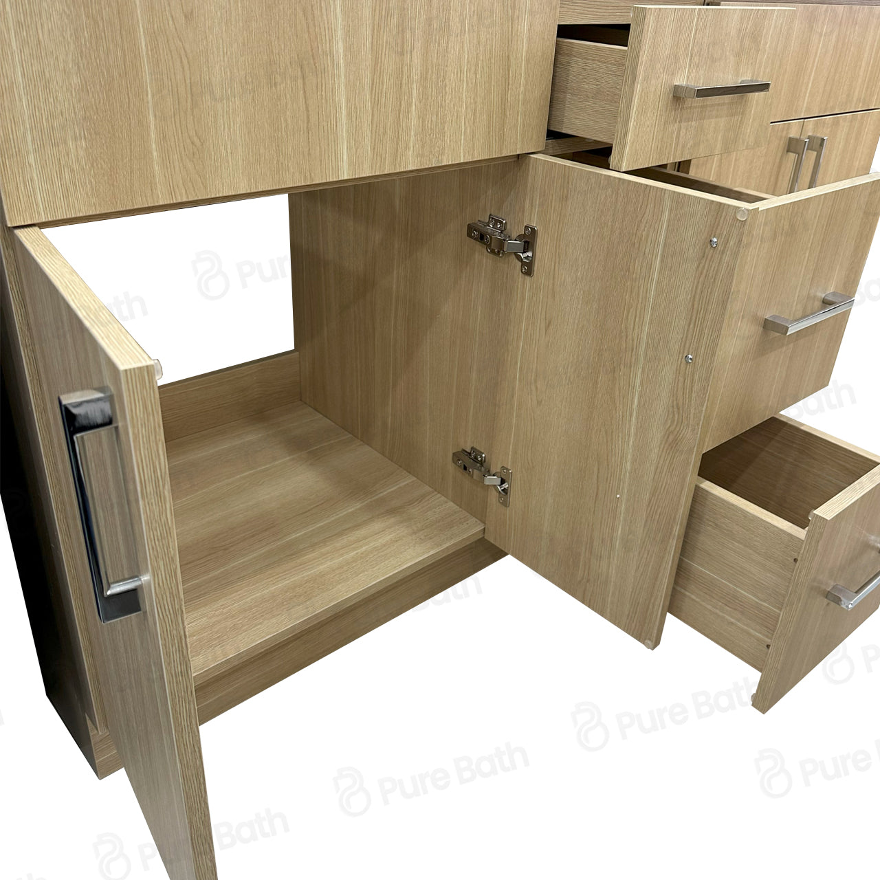 72″ Bathroom Vanity Oak Light (MDF) with Three Drawers in the Center. Double Sink. Free Standing