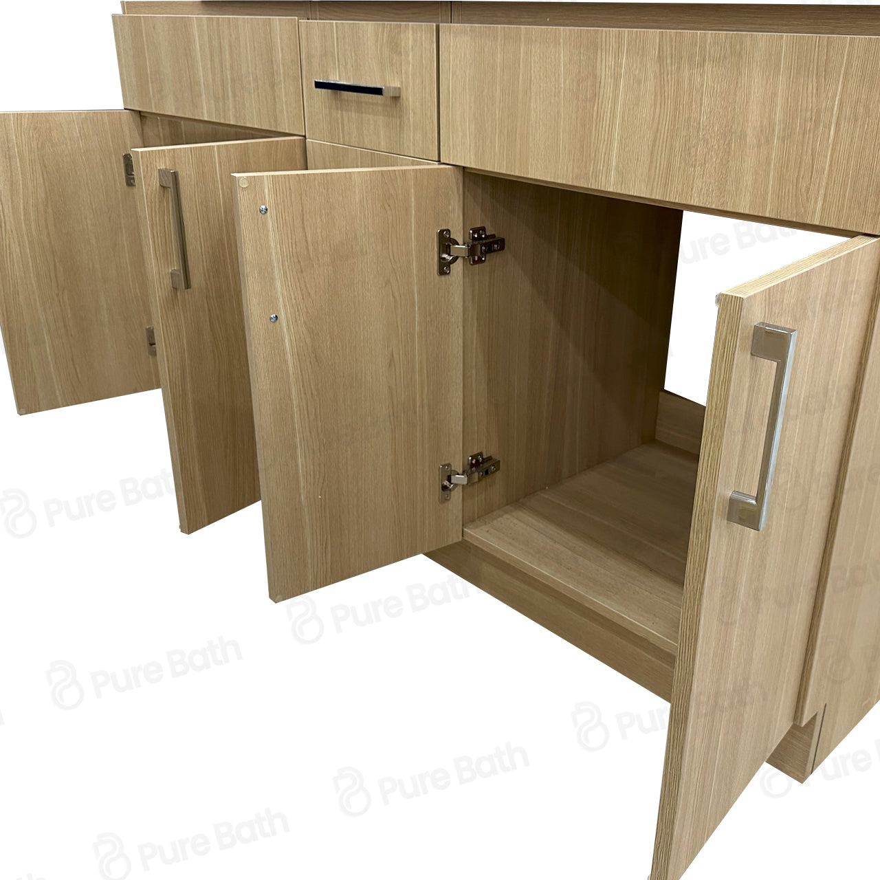 60″ Bathroom Vanity Oak Light (MDF) with Three Drawers in the Center. Double Sink. Free Standing