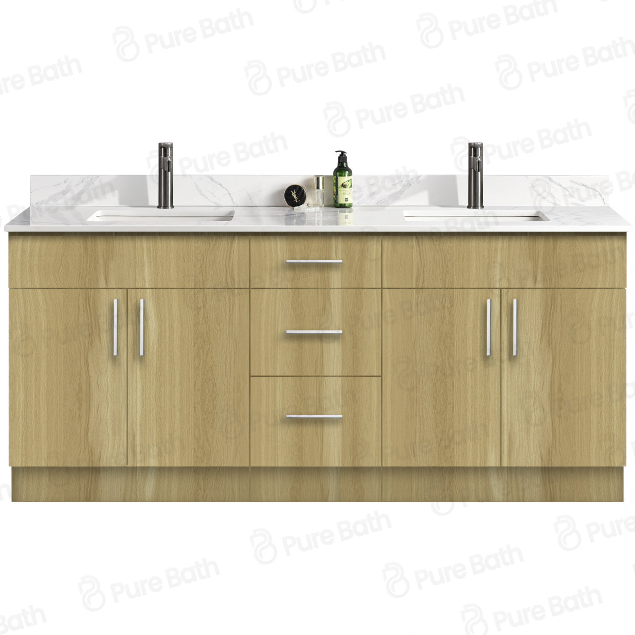 72″ Bathroom Vanity Oak Light (MDF) with Three Drawers in the Center. Double Sink. Free Standing