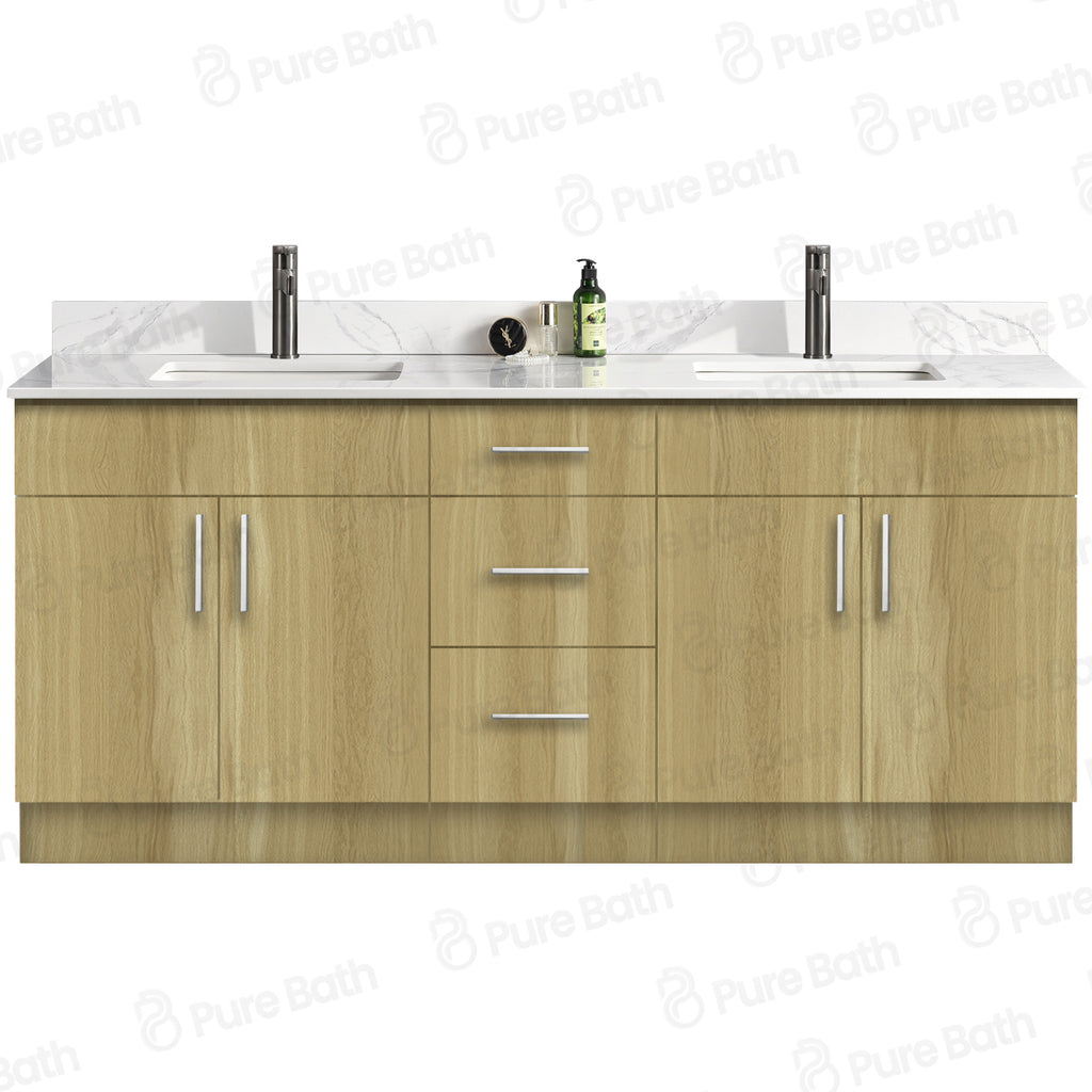 72″ Bathroom Vanity Oak Light (MDF) with Three Drawers in the Center. Double Sink. Free Standing