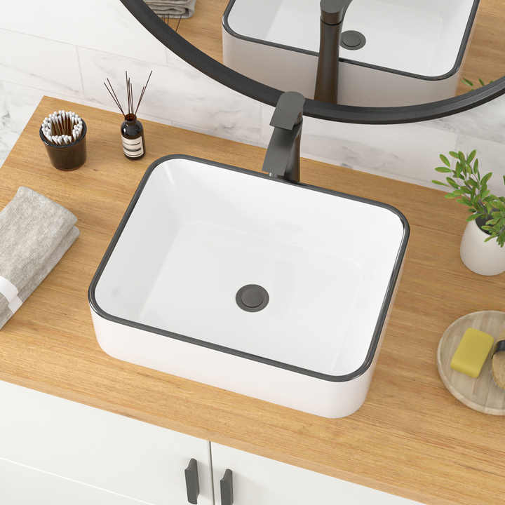 Rectangular Ceramic Vessel Sink – White with Black Trim 8032WB