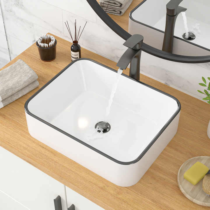 Rectangular Ceramic Vessel Sink – White with Black Trim 8032WB