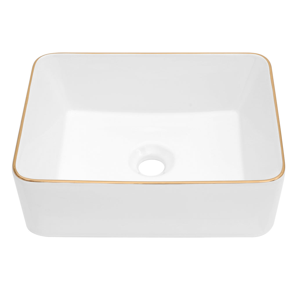 Rectangular Ceramic Vessel Sink – White with Gold Trim 8032WG