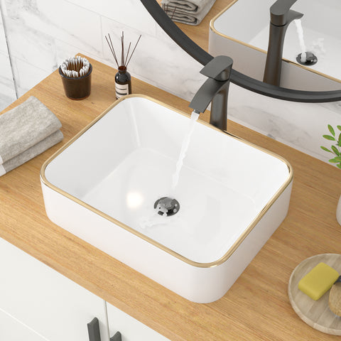 Rectangular Ceramic Vessel Sink – White with Gold Trim 8032WG