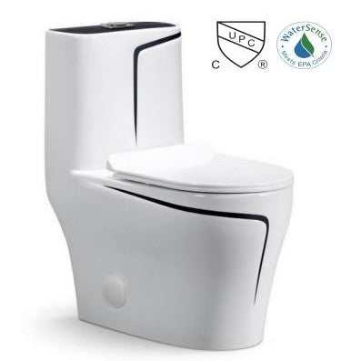 One-Piece Toilet Bowl 8676WB – White/Black, High-Efficiency Dual Flush with Soft-Close Seat