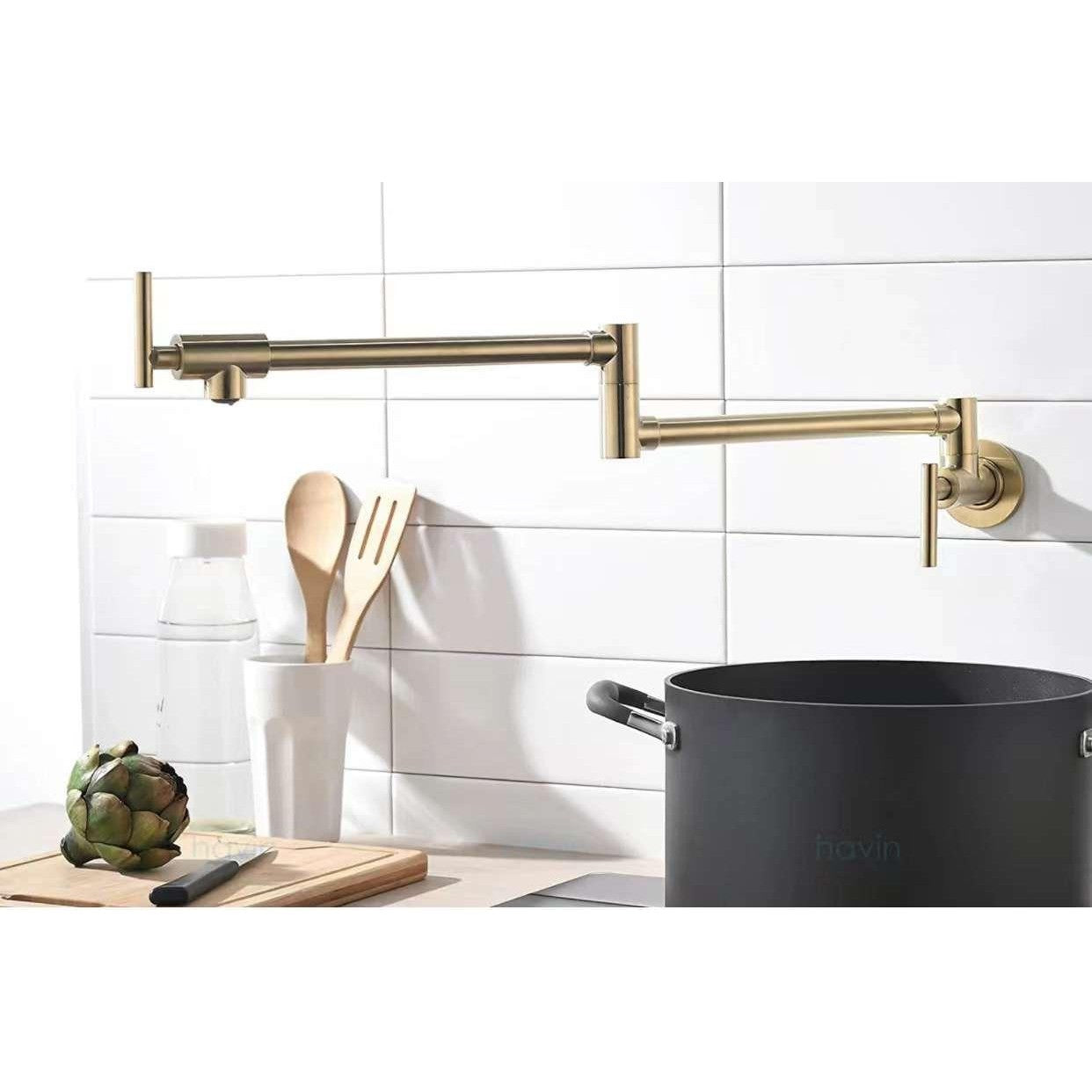 Wall-Mounted Pot Filler Faucet, Folding, Extendable, with Dual Handles CM2205