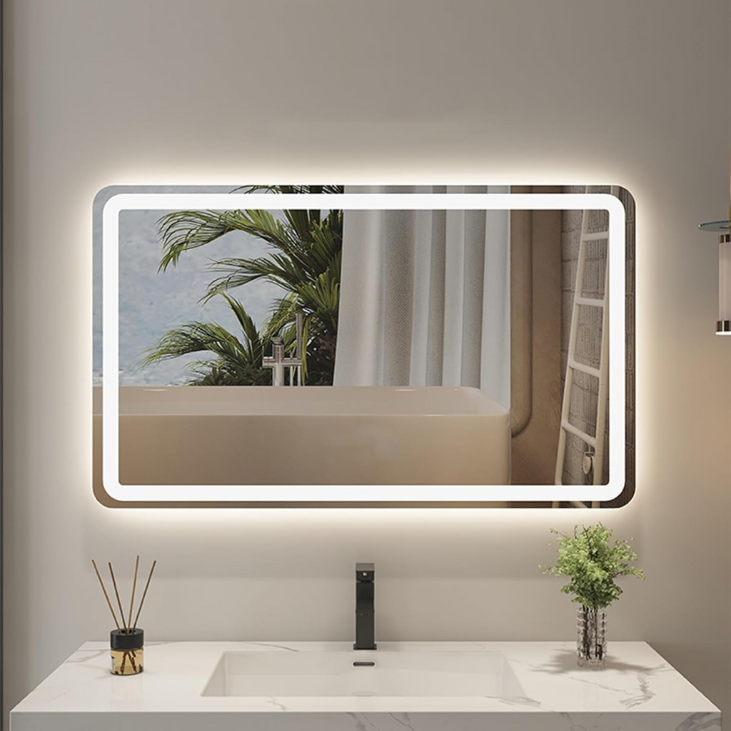 Pure Bath LED Anti-Fog Touch Sensor Bathroom On-Wall Rectangle Ring Frameless Mirror