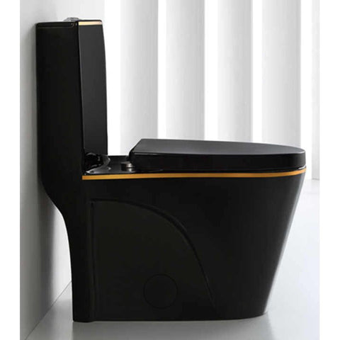 One-Piece Toilet Bowl 8616BG – Black/Gold, High-Efficiency Dual Flush with Soft-Close Seat