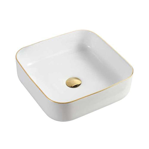 Square Ceramic Vessel Sink – White with Gold Trim 2258WG