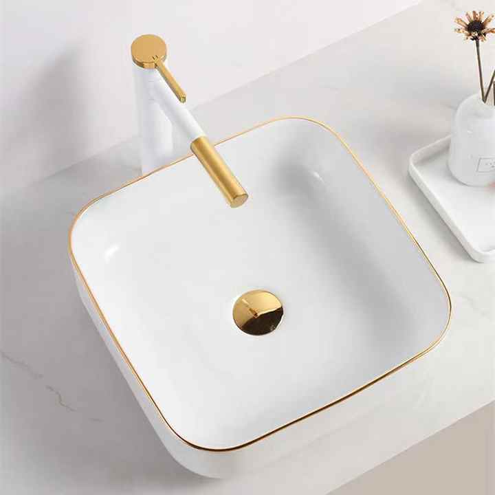 Square Ceramic Vessel Sink – White with Gold Trim 2258WG