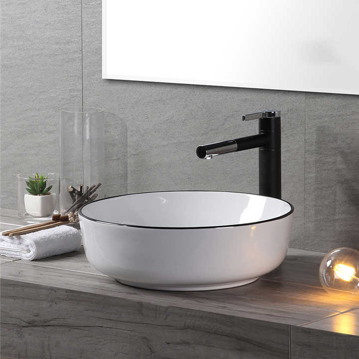 Round Ceramic Vessel Sink – White with Black Rim 2616BL