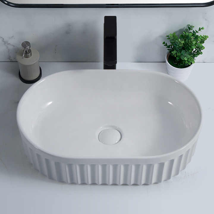 Oval Ceramic Vessel Sink – Fluted Design, White Finish 9744