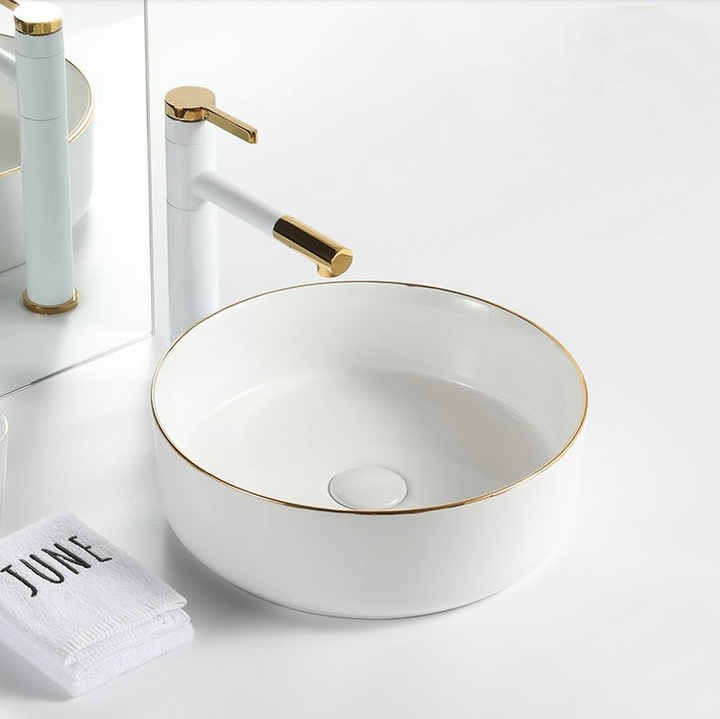 Round Ceramic Vessel Sink – White with Gold Trim 2616BG