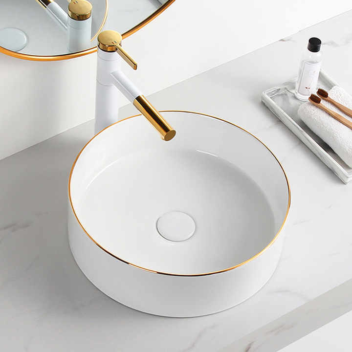 Round Ceramic Vessel Sink – White with Gold Trim 2616BG