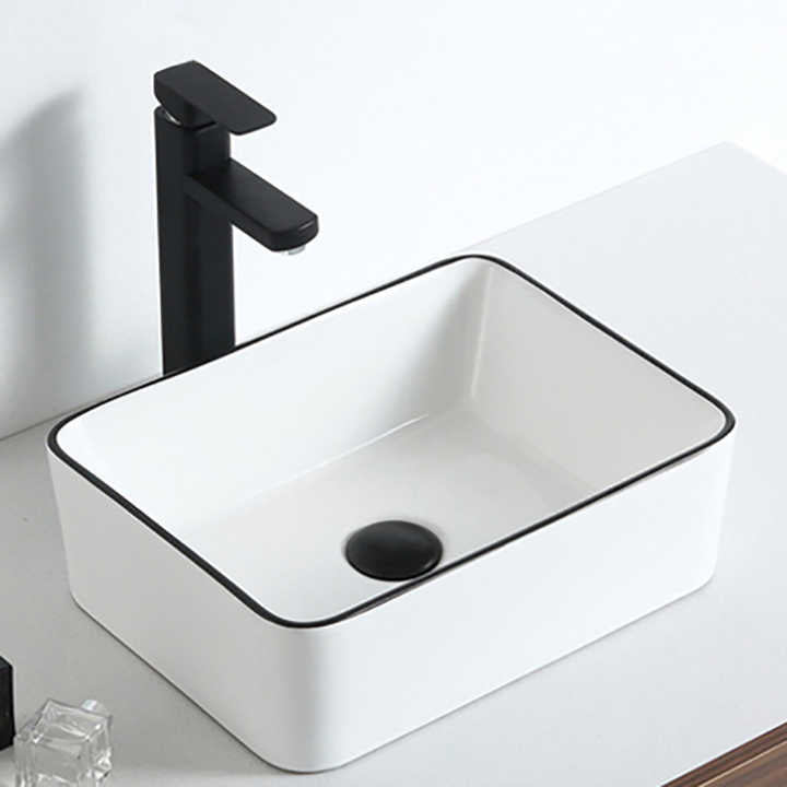 Rectangular Ceramic Vessel Sink – White with Black Trim 8032WB