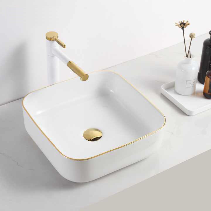 Square Ceramic Vessel Sink – White with Gold Trim 2258WG