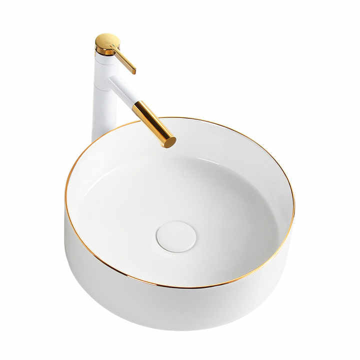 Round Ceramic Vessel Sink – White with Gold Trim 2616BG