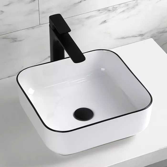 Square Ceramic Vessel Sink – White with Black Rim 2258WB