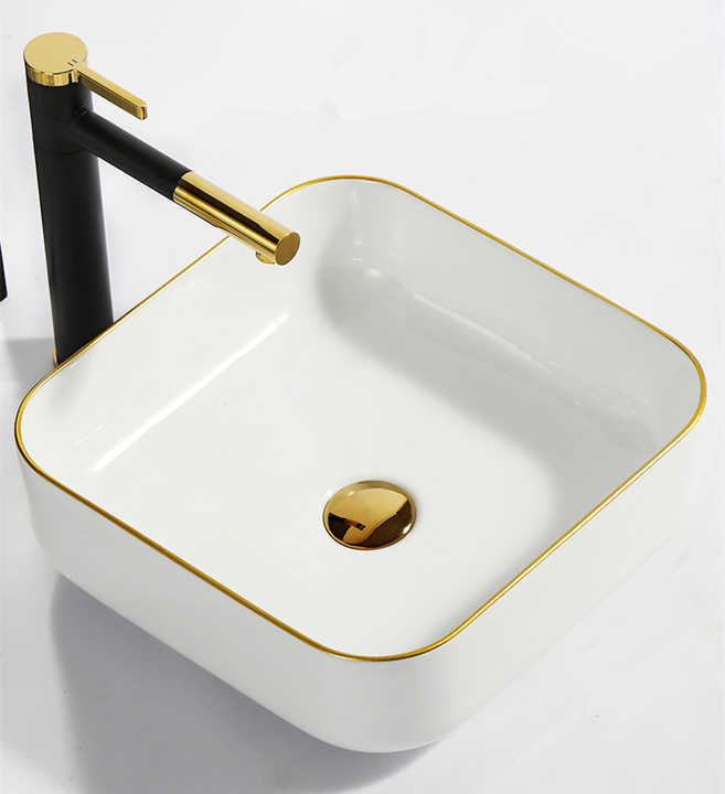 Square Ceramic Vessel Sink – White with Gold Trim 2258WG