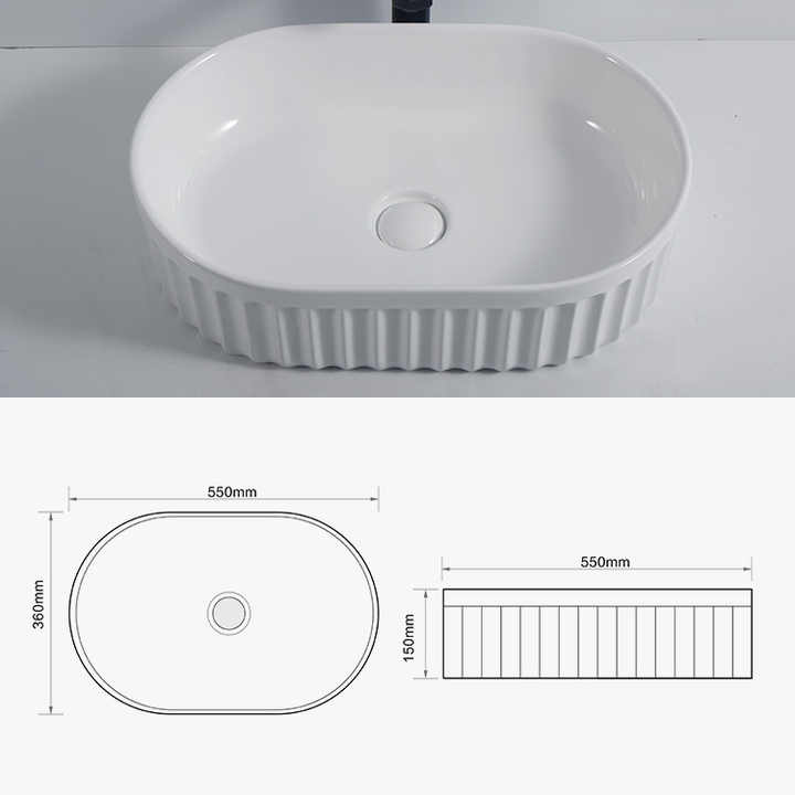 Oval Ceramic Vessel Sink – Fluted Design, White Finish 9744