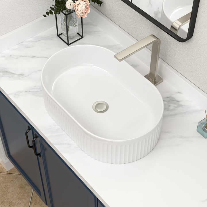 Oval Ceramic Vessel Sink – Fluted Design, White Finish 9744