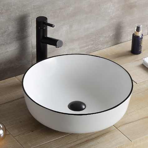 Round Ceramic Vessel Sink – White with Black Rim 2616BL