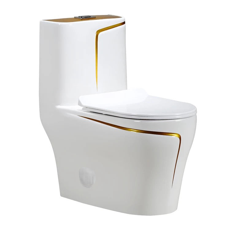 One-Piece Toilet Bowl 8676WG – White/Gold, High-Efficiency Dual Flush with Soft-Close Seat