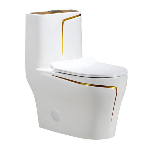 One-Piece Toilet Bowl T6070C-W – White/Gold, High-Efficiency Dual Flush with Soft-Close Seat