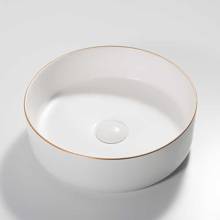 Round Ceramic Vessel Sink – White with Gold Trim 2616BG