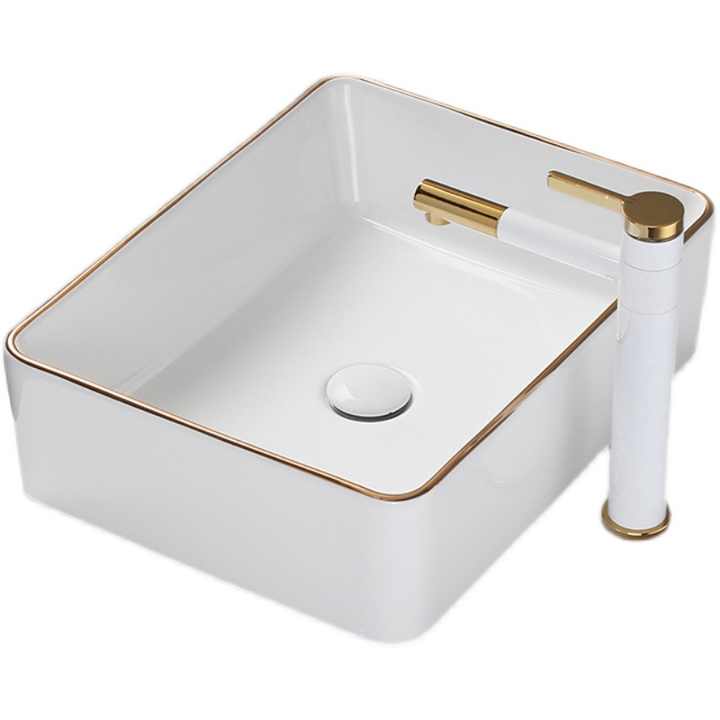 Rectangular Ceramic Vessel Sink – White with Gold Trim 8032WG